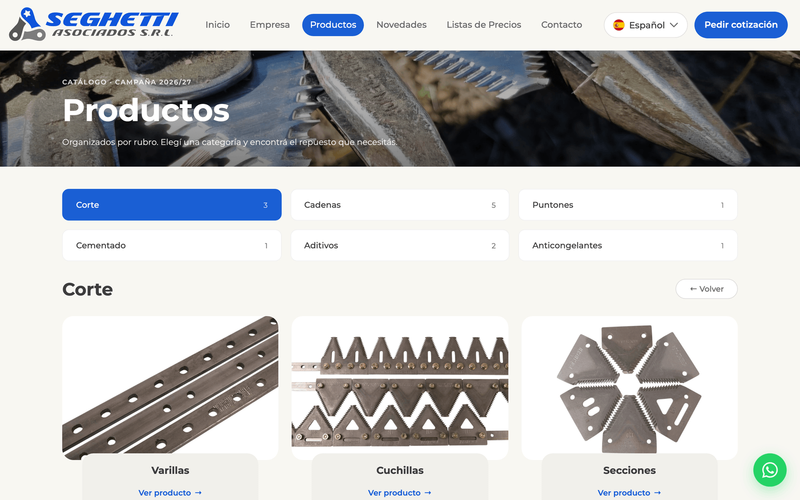 Página de productos de la nueva web de Seghetti Asociados
